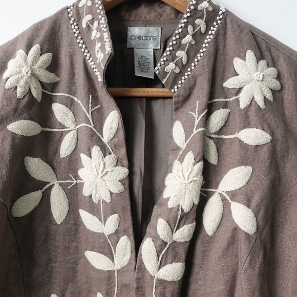Chicos Jacket Size 1 Linen Blazer Floral Embroidered Casual Medium Boho Brown - Picture 5 of 8